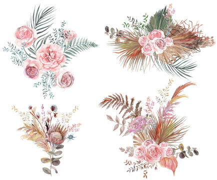 Set of watercolor bouquets with pink rose flowers and dry palm leaves herbarium in boho style isolated for postcards and design on white background