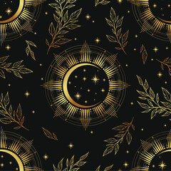 Gold seamless pattern and boho astrology. Mystical and bohemian symbols of the crescent and stars.