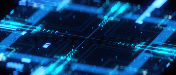 3D rendering of cyberpunk AI. Circuit board. Technology background. Central Computer Processors CPU and GPU concept. Motherboard digital chip. Tech science background.