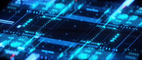 Fototapeta premium 3D rendering of cyberpunk AI. Circuit board. Technology background. Central Computer Processors CPU and GPU concept. Motherboard digital chip. Tech science background.