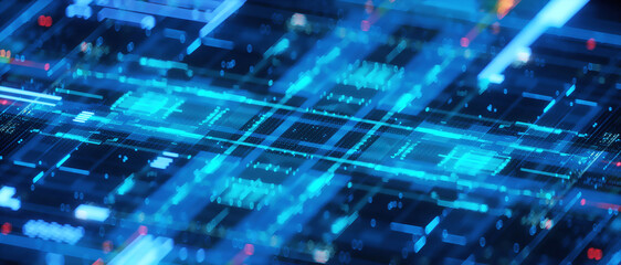 3D rendering of cyberpunk AI. Circuit board. Technology background. Central Computer Processors CPU and GPU concept. Motherboard digital chip. Tech science background.