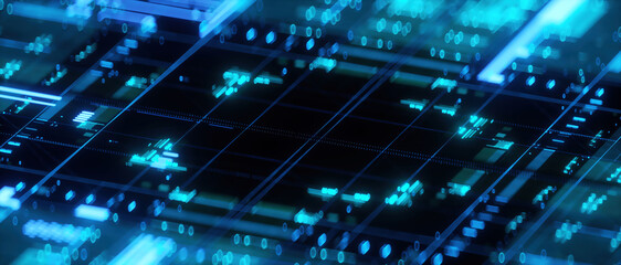 3D rendering of cyberpunk AI. Circuit board. Technology background. Central Computer Processors CPU and GPU concept. Motherboard digital chip. Tech science background.