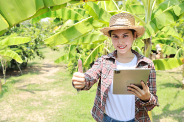 Asian agronomist or woman farmer show thumb up and reading report growing crops data from tablet for increasing productivity in agriculture field, modern smart farming with technology concept