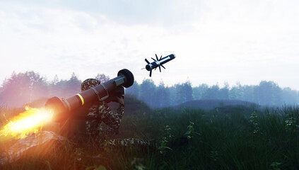 Soldier firing anti-tank missile at war