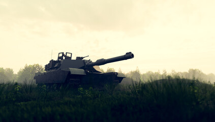 Military tank in combat on the field
