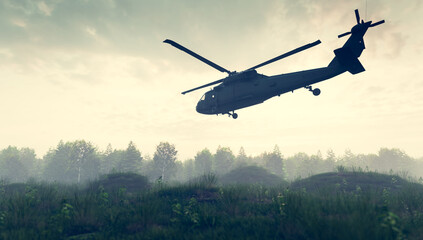 Military helicopter flying over battlefield at war