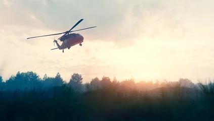 Fotobehang Helikopter Military helicopter flying over battlefield at war
