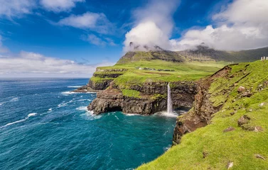 Gordijnen Eiland Gasadalur with Mulafossur waterfall on Vagar, Faroe Islands  © Frankix