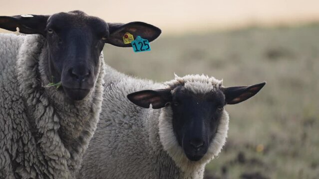 A close-up shot of the white wooly sheep with black heads grazing in the meadow. Slow-motion, pan follow.