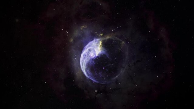 Fly towards the Bubble Nebula in the constellation of Cassiopeia. Zooming into the Bubble Nebula. Wide field video of NGC 7635.
