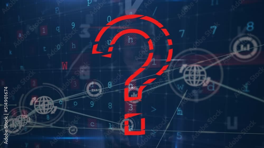 Poster animation of question mark, cyberattack warning and network of connections over caucasian hacker