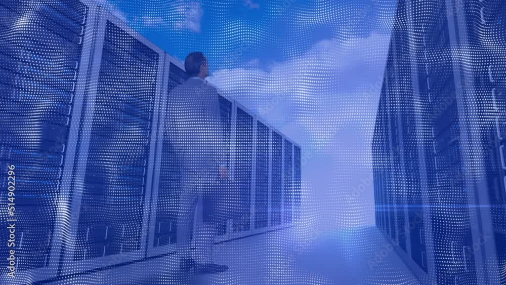 Poster animation of back view of caucasian businessman standing in front of servers