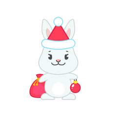 Cute Christmas bunny. Flat cartoon illustration of a little gray rabbit dressed Santa costume holding Christmas ball isolated on a white background. Vector 10 EPS.