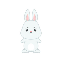 Fototapeta na wymiar Cute grumpy bunny. Flat cartoon illustration of a funny little gray rabbit furrowing its eyebrows isolated on a white background. Vector 10 EPS.