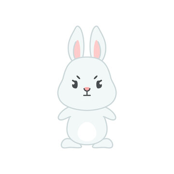 Cute grumpy bunny. Flat cartoon illustration of a funny little gray rabbit furrowing its eyebrows isolated on a white background. Vector 10 EPS.