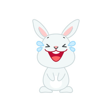 Cute laughing bunny. Flat cartoon illustration of a funny little gray rabbit laughing to tears isolated on a white background. Vector 10 EPS.
