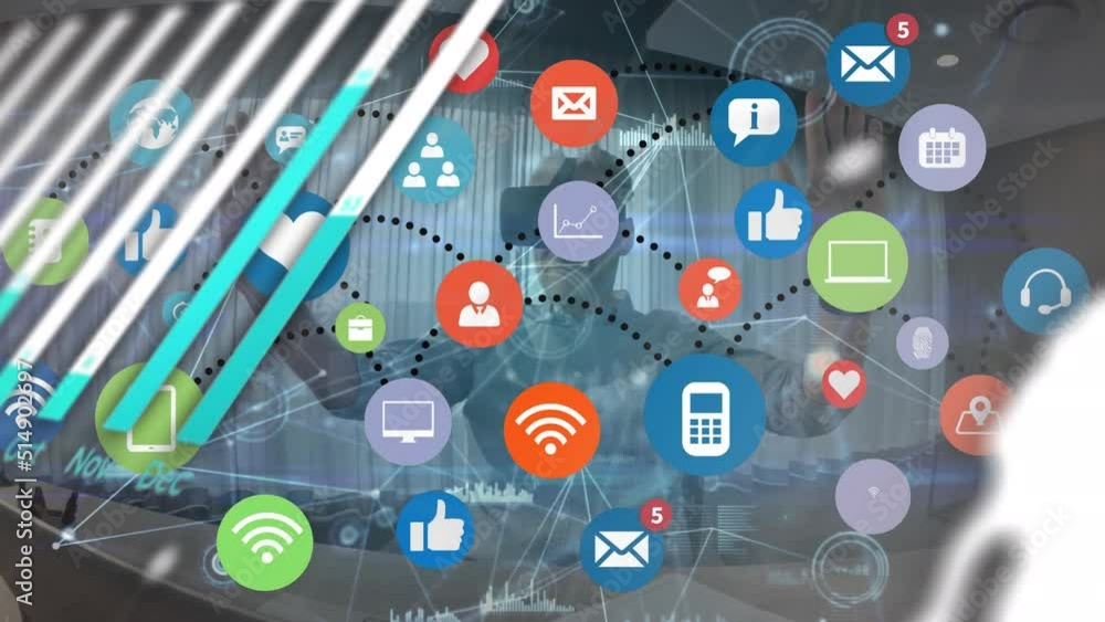Poster animation of data processing and social media icons over caucasian man using vr headset