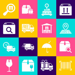 Set Barcode, Search package, Placeholder on map, Scale with cardboard box, Free delivery service, and Warehouse icon. Vector