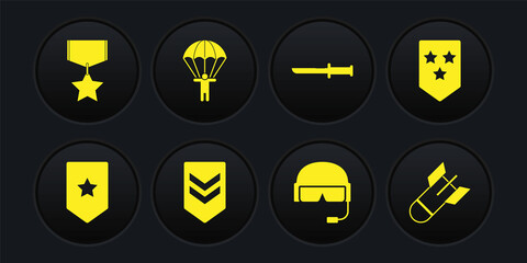 Set Chevron, Military helmet, knife, Parachute, Aviation bomb and reward medal icon. Vector