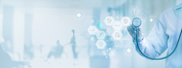 .Medicine doctor with stethoscope and icon health care on virtual interface and patients come to the hospital, Medical technology network, Healthcare and Medical concept. - obrazy, fototapety, plakaty
