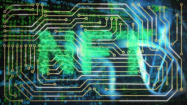 Animation of computer circuit board and nft text over data processing and dna strand - Powered by Adobe