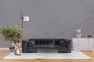 Sunlit living roon with black leather sofa.  3d redering illustration.