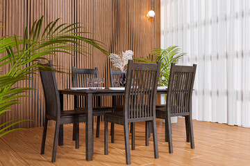 Dinning roon with wood panel decoration. 3d redering illustration.