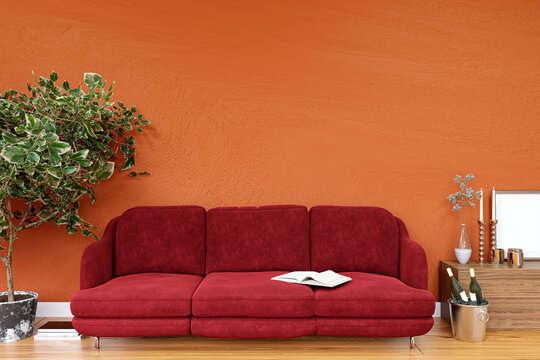 Living Room With Orange Wall And Red Sofa. 3d Rendered Illustration.