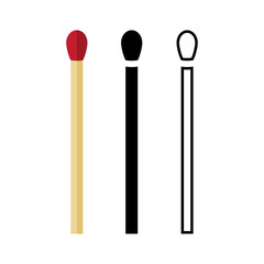 A set of match icons. The new non-burning match is colored, black silhouette and black outline. Vector illustration isolated on a white background for design and web.