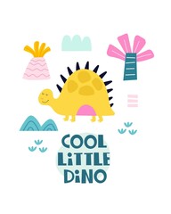 
hello little dino. cartoon dinosaur, hand drawing lettering, décor elements. colorful vector illustration for kids, flat style. baby design for cards, print, posters, logo, cover
