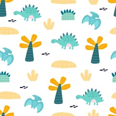 seamless pattern with cartoon dinosaurs, decor elements. Colorful vector flat style for kids. Animals. hand drawing. baby design for fabric, print, wrapper, textile