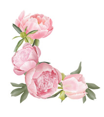 Watercolor pink peony bouquets, pink flowers composition, corner, border for wedding design, logo, template, etc.