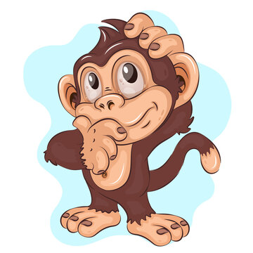 Pensive Cartoon Monkey. A cute illustration of a thinking cartoon monkey scratching its head thoughtfully. Cartoon mascot. Positive and unique design. Children's illustration. 