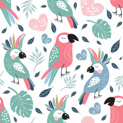 Seamless pattern with pink and green parrots. Cute baby style. Children's print.