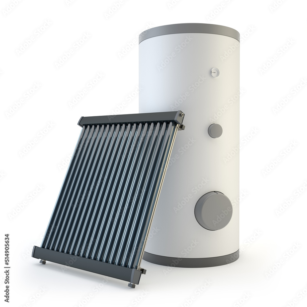 Wall mural Solar heater collector and boiler isolated on white, 3D illustration
