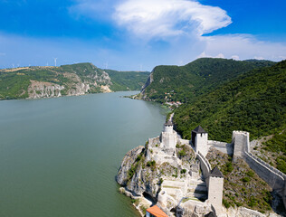 Fototapeta na wymiar Golubac fortress on the banks of the Danube and the border with Romania, aerial view