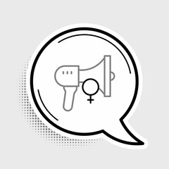 Line Female movement, feminist activist with banner and placards icon isolated on grey background. Feminist rights movement, feminism sisterhood. Colorful outline concept. Vector