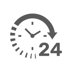 24 hour open clock black vector icon. Non stop opening hours cycle arrow filled symbol.