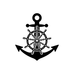 Illustration of an anchor with ship steering wheel in monochrome style. Design element for poster, card, banner, emblem, sign. Vector illustration