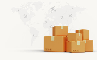 Global logistics delivery service banner. delivery. Сardboard boxes. 3d render