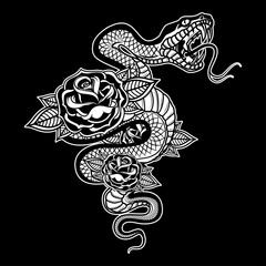 Snake on the background with roses. Design element for poster, t shirt, card, banner. Vector illustration