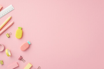 Naklejka na ściany i meble Back to school concept. Top view photo of colorful stationery pens pineapple shaped erasers adhesive tape ruler and binder clips on isolated pink background with empty space