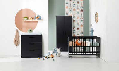 Complete Luxury and Modern Styled Baby Room with black furniture with mint green walls