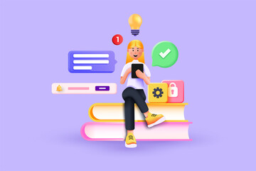 3D Render of Young Woman Sitting on Books with tablet. Concept of Online Education and Learning. 3D vector illustration