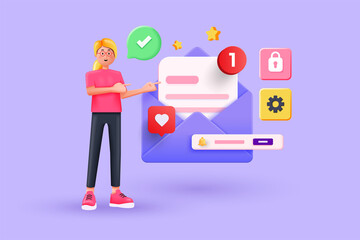 Young girl pointing her finger to envelope. Open Email envelope icon with document. Newsletter 3d concept. Vector 3d illustration