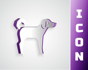 Paper cut Dog icon isolated on grey background. Paper art style. Vector