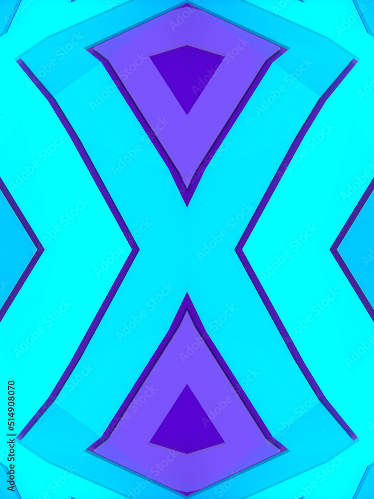 Poster trendy 3d rendering kaleidoscopic pattern of simple blue colored geometric shapes, digital illustrat