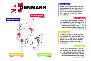 Denmark travel location infographic, tourism and vacation concept, popular places of Denmark, country graphic vector template, designed map idea, sightseeing destinations