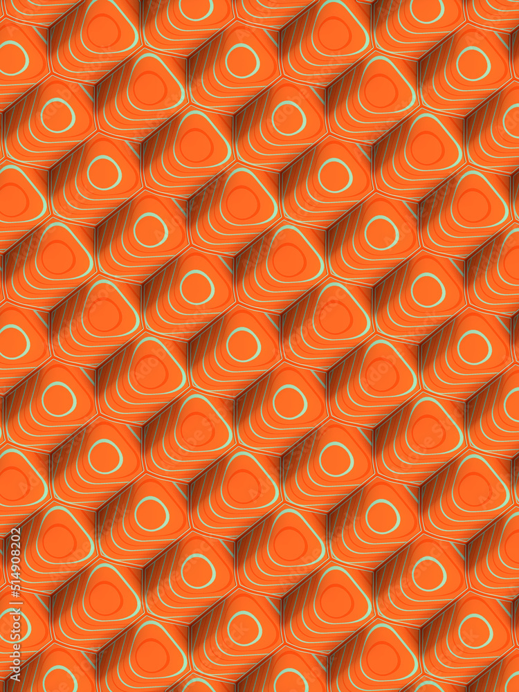 Poster orthographic projection of rounded shapes covered with orange striped texture. 3d rendering digital 
