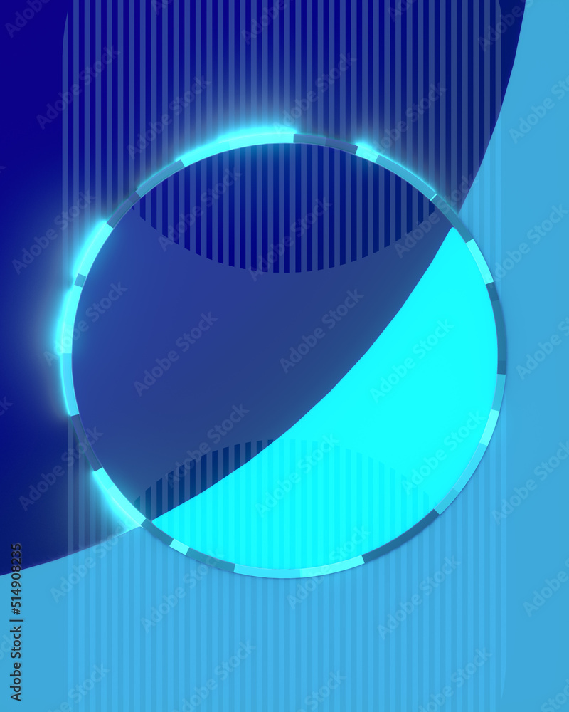 Poster geometric composition of blue colored rounded figures with a luminous ring in the center. 3d render 